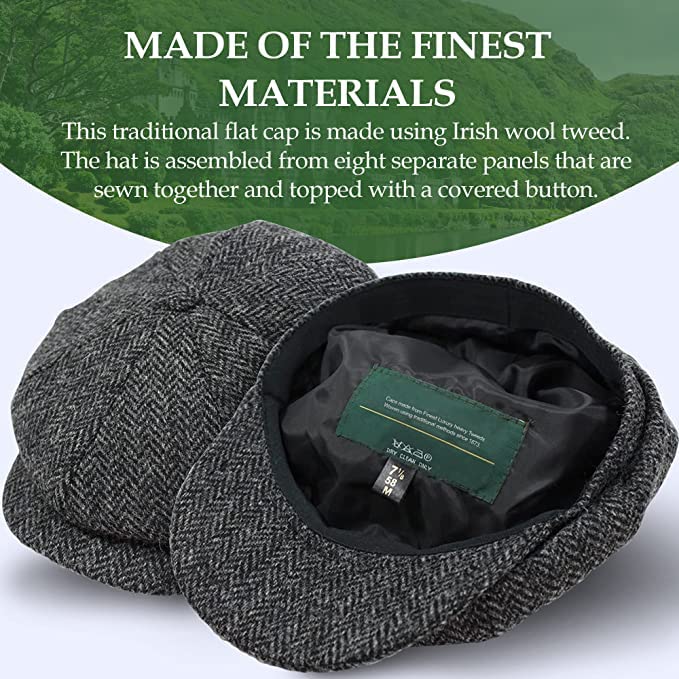 Biddy Murphy Irish Wool Tweed Newsboy Cap for Men, Herringbone - color: Gray, size: Large