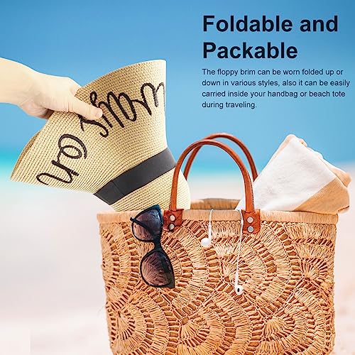 DRESHOW Big Straw Sun Hats for Women Floppy Foldable Roll up Beach Cap Sun Hat UPF 50+ Vacation Honeymoon Embroidered Hat - color: Ae Always on Vacay: Beige