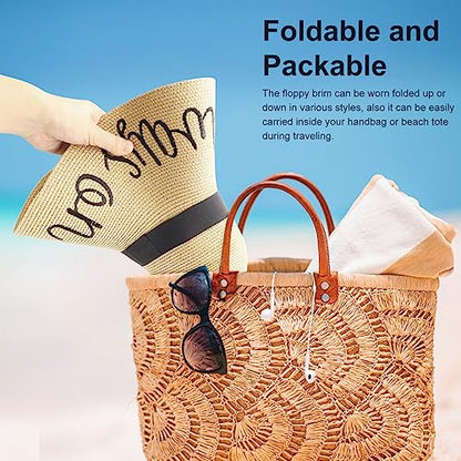 DRESHOW Big Straw Sun Hats for Women Floppy Foldable Roll up Beach Cap Sun Hat UPF 50+ Vacation Honeymoon Embroidered Hat - color: Ae Always on Vacay: Beige
