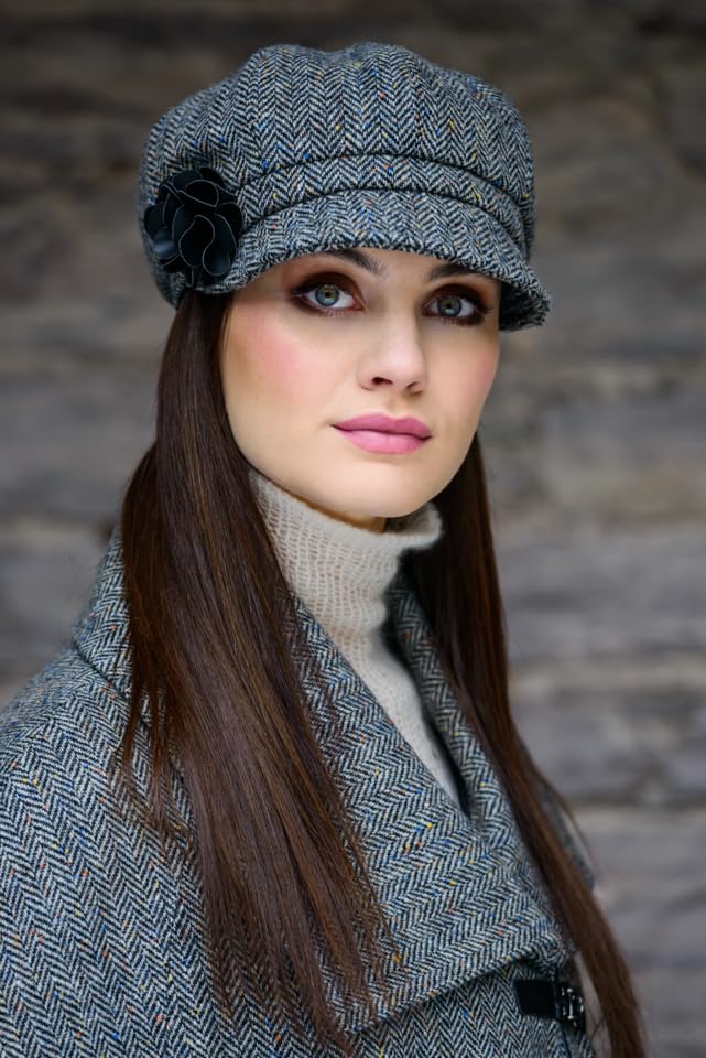 Newsboy Hat for Women's Cap 8 Panel Wool Made in Ireland - color: Gray Herringbone