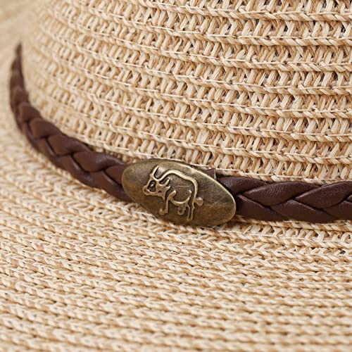 Straw Cowgirl Hat for Women Cowboy Hats for Men Wide Brim Sun Hat Shapeable Western Hat Beach Hat - color: Beige