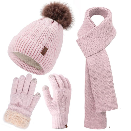 Winter Hat Scarf Gloves Set for Women, Classic Cable Beanie with Removable Pom Pom Long Scarf Touchscreen Gloves 3 in 1 Set - color: Pink