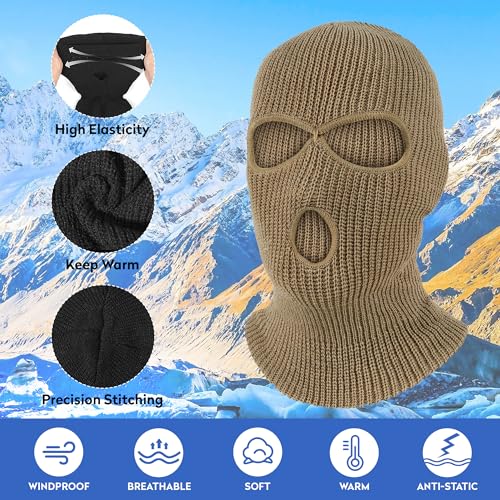 Pukavt 2 Pack 3 Hole Winter Knitted Mask, Ski Mask Balaclava Cap - color: Black/Khaki