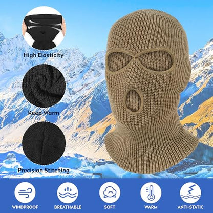 Pukavt 2 Pack 3 Hole Winter Knitted Mask, Ski Mask Balaclava Cap - color: Black/Khaki