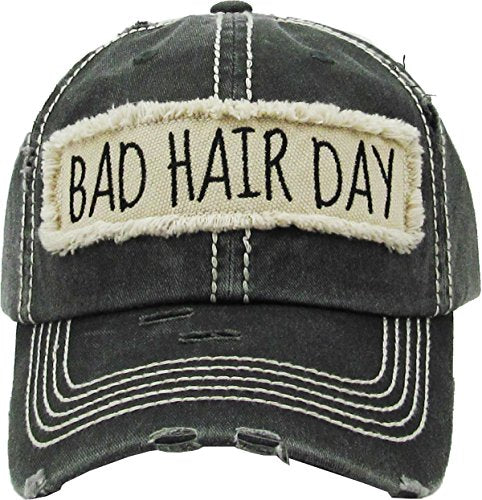 Funky Junque Distressed Baseball Cap, Vintage Embroidered Dad Hat - color: Bad Hair Day - Black