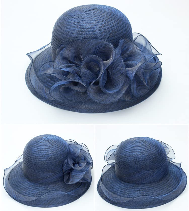 Organza Kentucky Fascinator Hat for Women - Derby Cocktail Tea Party Sun Hat Wedding Bridal Flower Church Hat Packable - color: Dark Navy
