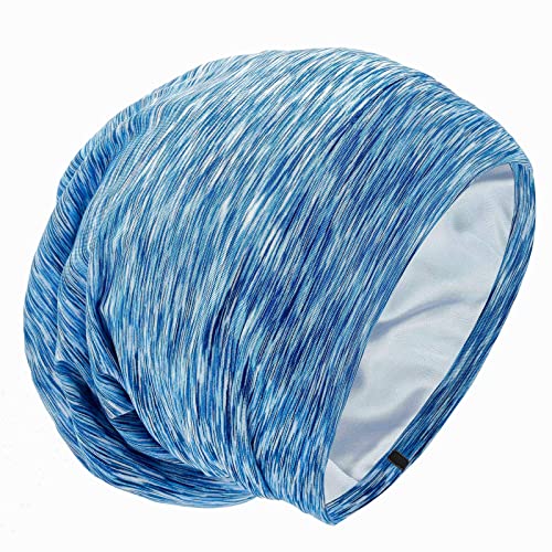 Silk Satin Lined Bonnet Sleep Cap - Adjustable Stay on All Night Hair Wrap Cover Slouchy Beanie for Curly Hair Protection for Women and Men - Heather SkyBlue - color: Heather Skyblue, size: One Size