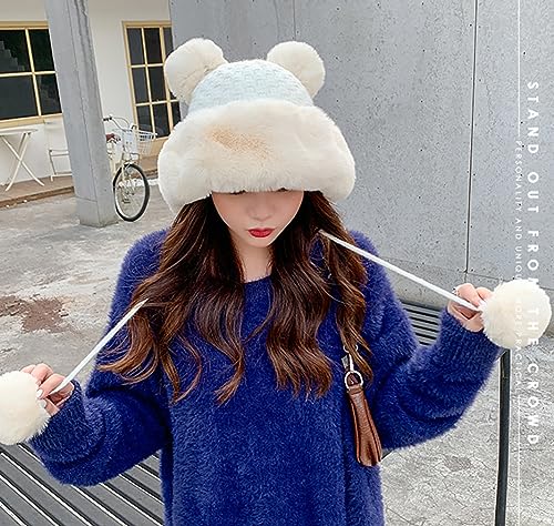Winter Pompom Beanie Hats Women Knit Womens Beanie Faux Fur Crochet Skull Cap Warm Bucket Outdoor Ear Cover - color: White