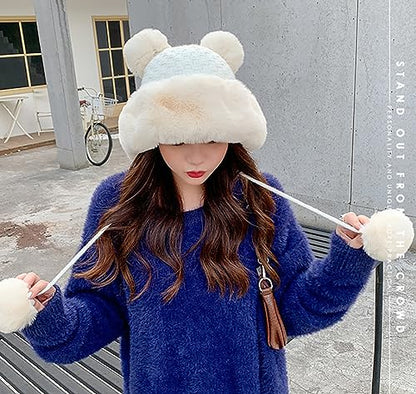 Winter Pompom Beanie Hats Women Knit Womens Beanie Faux Fur Crochet Skull Cap Warm Bucket Outdoor Ear Cover - color: White