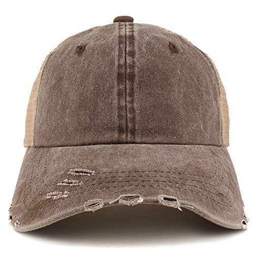 Trendy Apparel Shop Pigment Dyed Front Mesh Back Frayed Bill Trucker Cap - color: Brown