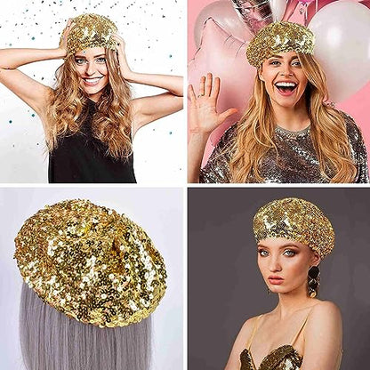 JUMISEE Sparkly Sequin Berets for Women Girls Fashion Beanie Hat Costume Accessories for Festival Party Dance - color: Gold