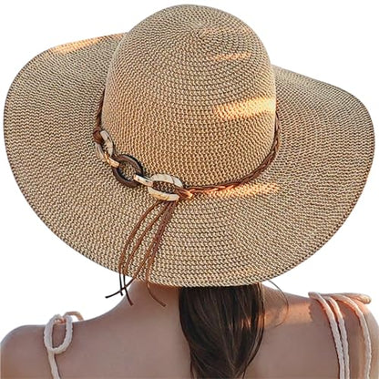Pleneal Beach Sun Staw Hats for Women, UPF 50+ Foldable Wide Brim Sun Hat - color: Khaki - C