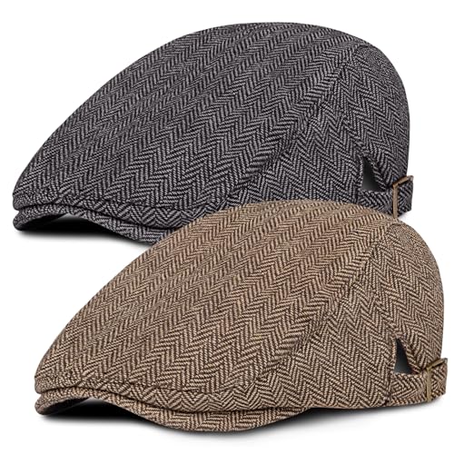 Senker Fashion 2 Pack Newsboy Cap for Men, Wool Blend Tweed Flat Cap - color: Coffee Black