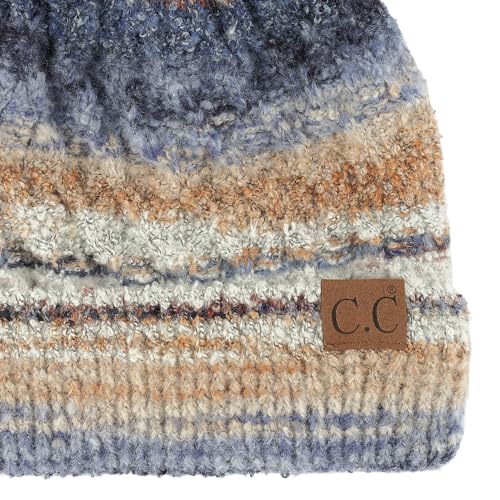C.C Multi Color Space Dye Wool Stretchable Soft Warm Pom Beanie with Faux Fur Pom Knit Winter Skully Hat. - color: Denim Combo