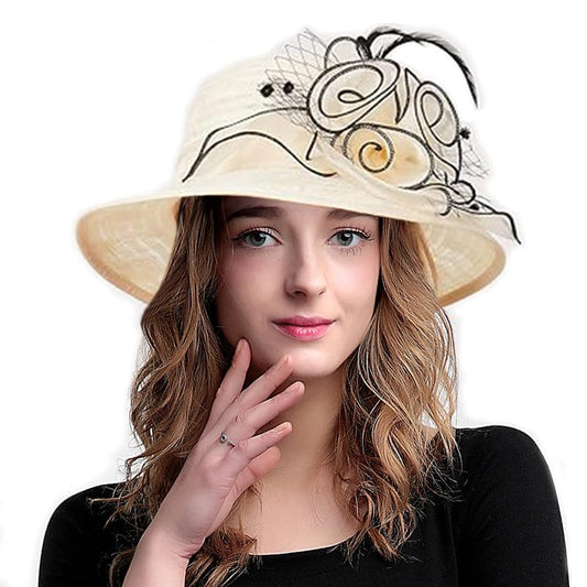 Women's Organza Derby Fascinator Hat Cloche Bowler Hat Cocktail Tea Party Wedding Sun Hat - color: A2-beige,black