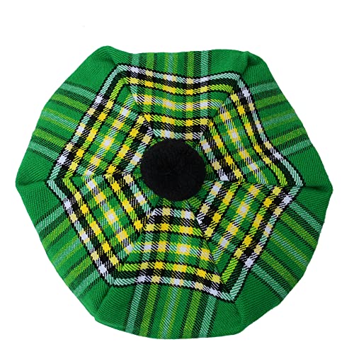 HAAUR Scottish Tammy Hat Traditional Kilt Tam o' Shatner Acrylic Wool Flat Bonnet Various Tartans with Pompom One Size - color: Irish Green