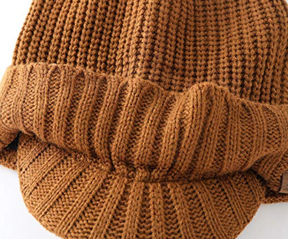 Home Prefer Men's Winter Hat Thick Knit Beanie Cap with Visor Newsboy Beanie Hat - color: Brown
