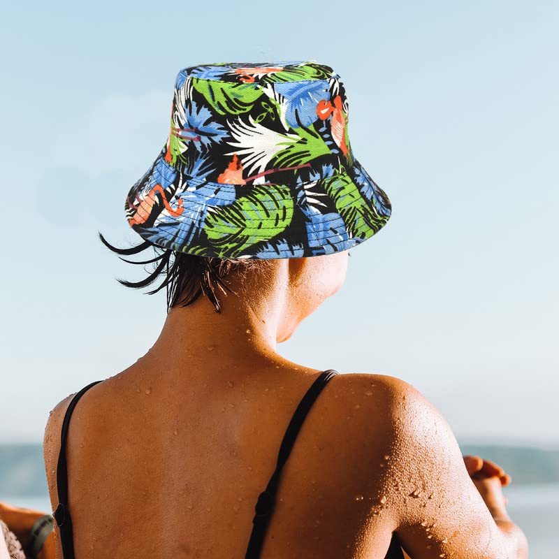Bucket Hat Cotton Double-Side-Wear Reversible Sun Hat for Women Men, Summer Vacation Travel Beach Packable Fisherman Hat - color: Black Flamingo