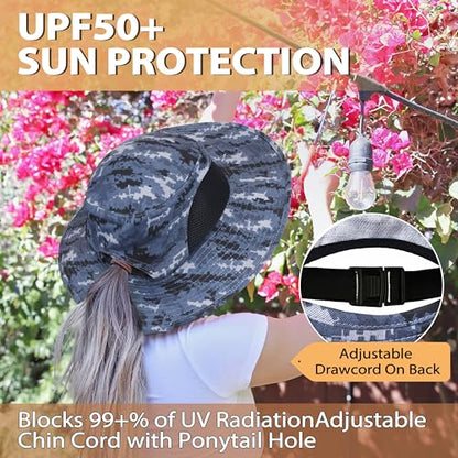 Tirrinia Sun Hats for Women, Wide Brim Hat with Ponytail Hole - color: Grey Digital Camo