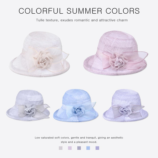 LumiSyne Women's Tulle Sun Hat Floral Bucket Hat Vintage Elegant Cloche Hat with Upturn Brim Summer Cap for Beach Travel - color: Grey