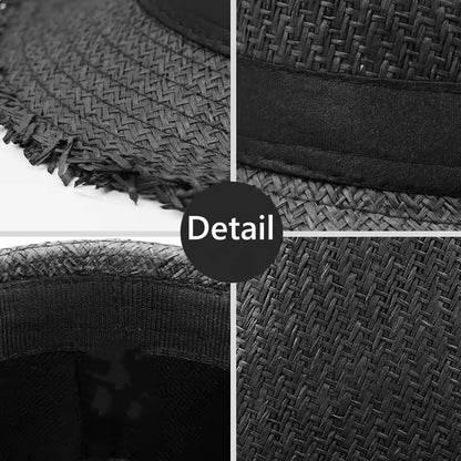 Fringed Straw Fedora Hat for Women Men Short Brim Roll Up Trilby Panama Hat UPF 50+ Summer Beach Straw Sun Hat Retro Jazz Hat - color: Black
