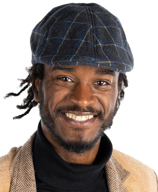 Funky Junque Men's Classic Wool Blend Newsboy Tweed Flat Cap - Stylish Vintage Hat - color: 2 Pack: Lt. Grey & Charcoal Plaid W/ Blue/Beige, size: 7 1/4-7 5/8