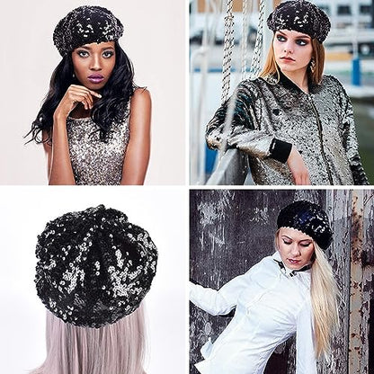 JUMISEE Sparkly Sequin Berets for Women Girls Fashion Beanie Hat Costume Accessories for Festival Party Dance - color: Black