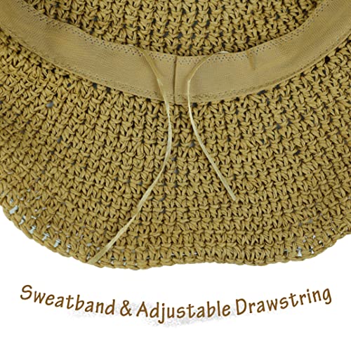 Women Sun Hat Wide Brim Floppy Beach Hat Breathable UV UPF 50+ Straw Hat Foldable Packable Summer Outdoor Cap - color: Light Coffee