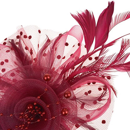AQOKKA Women Fascinators Hats Flower Fascinators with Headband and Clip Tea Party Headwear for Women and Girls - color: 1 Pc 7" Diameter / Burgundy