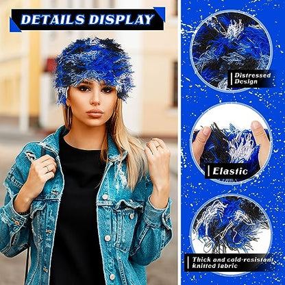 Chuarry Distressed Knitted Beanie Fuzzy Winter Hat - color: Assorted Blue