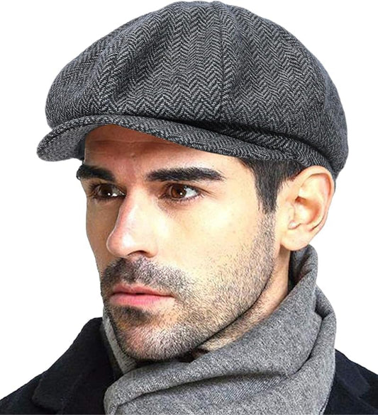Wool Tweed Newsboy Cap for Men Paperboy Warm Winter Hat Vintage Flat Ivy Cabbie Gatsby Cap - color: Grey, size: Large-X-Large