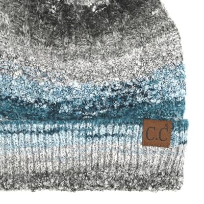 C.C Multi Color Space Dye Wool Stretchable Soft Warm Pom Beanie with Faux Fur Pom Knit Winter Skully Hat. - color: Grey Combo