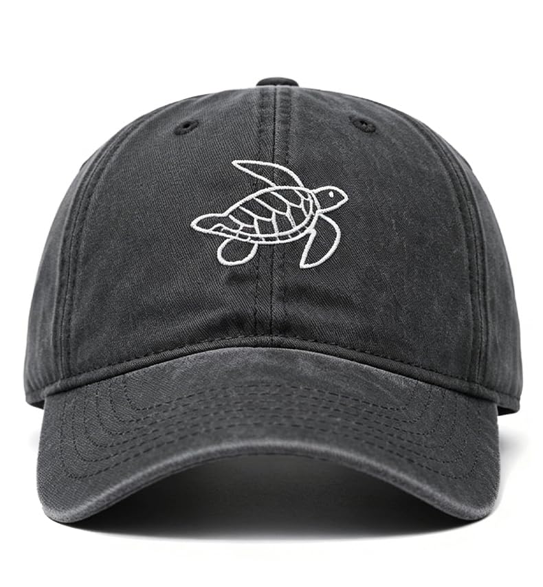Plam Trees Hats Embroidered Washed Cotton Baseball Cap for Men Women Distressed Black Snapback Baseball Hat Adjustable - color: Turtle