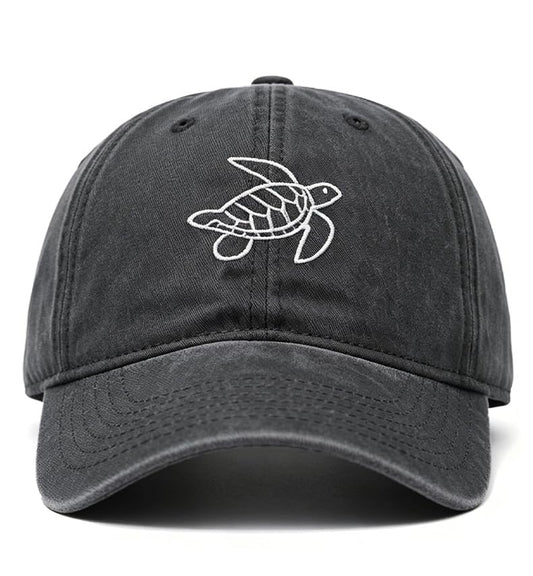 Plam Trees Hats Embroidered Washed Cotton Baseball Cap for Men Women Distressed Black Snapback Baseball Hat Adjustable - color: Turtle