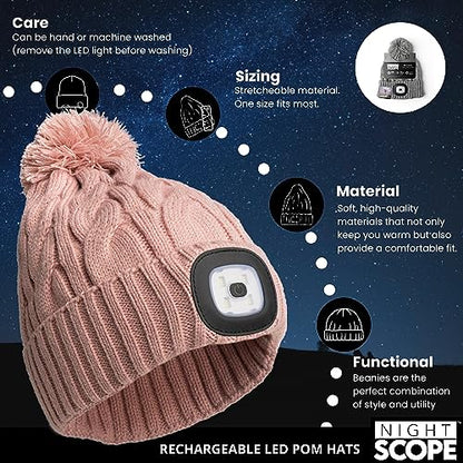 Classic Rechargeable LED Warm Knit Beanie Head Light Hat Headlamp for Outdoor Activities - color: Gray Pom