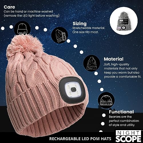 Classic Rechargeable LED Warm Knit Beanie Head Light Hat Headlamp for Outdoor Activities - color: Pink Pom