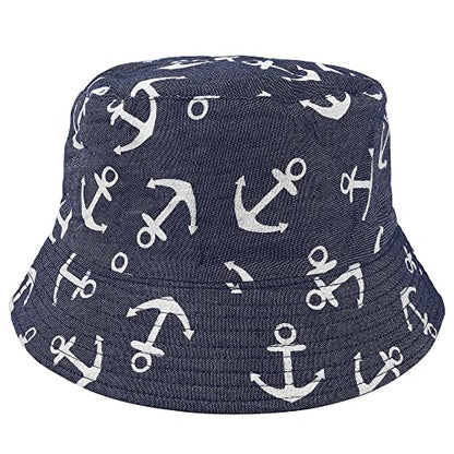 Falari Reversible Bucket Hat for Men Women Summer Travel Beach Outdoor Fishing Hat 100% Cotton - color: J615-navy-anchor