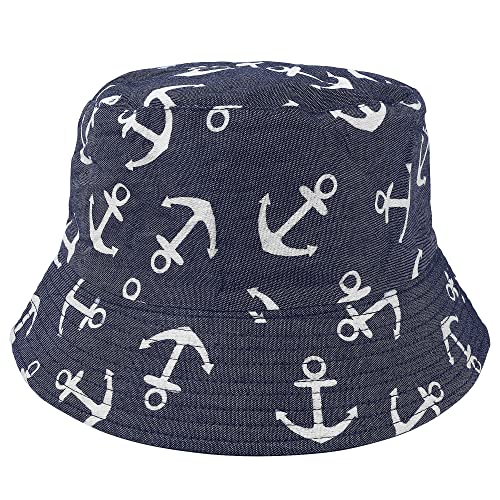 Falari Reversible Bucket Hat for Men Women Summer Travel Beach Outdoor Fishing Hat 100% Cotton - color: J615-navy-anchor