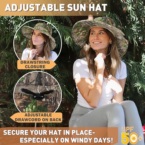 Men Safari Sun Hat Wide Brim Boonie Fishing Cap with Adjustable Drawstring - color: Deciduous Woodland Camo