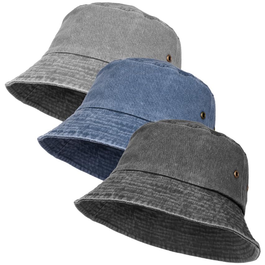 XURIGOX 3Pcs Washed Cotton Bucket Hat, Fishing Hat for Men and Women - color: Black+blue+gray