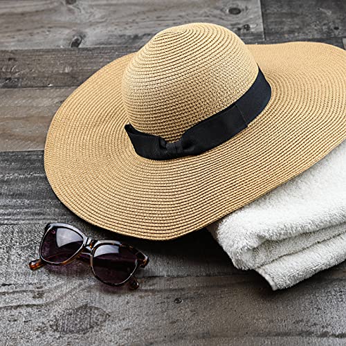 Women Floppy Sun Hat with Wide Brim—Foldable Roll-Up Straw Beach Hat UPF 50 - color: Khaki, size: Small