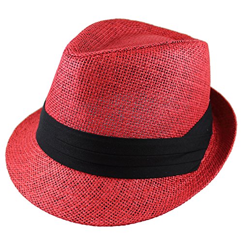 Gelante Summer Fedora Panama Straw Hats with Black Band - color: Red, size: Large-X-Large