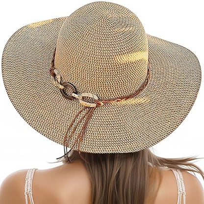 Beach Sun Straw Hats for Women, UPF 50+ UV Sun Protection Summer Straw Hat - color: 9cm- Khaki & Beige