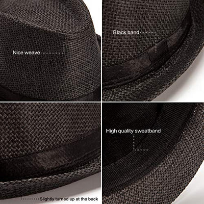 XL Straw Fedora Hats for Men Summer Trilby Beach Travel Panama Casual 7 1/2 - color: Black