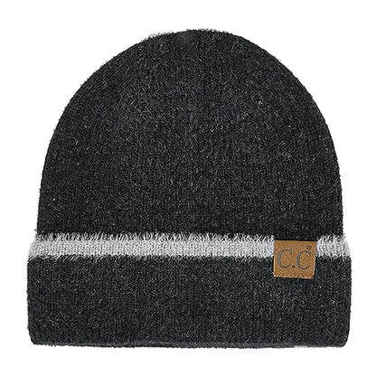 C.C Fuzzy Beanie for Women Unisex - Acrylic Stretchable Soft Warm Knit Winter Skully Hat - color: Feather Yarn-black