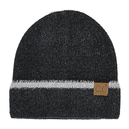 C.C Fuzzy Beanie for Women Unisex - Acrylic Stretchable Soft Warm Knit Winter Skully Hat - color: Feather Yarn-black