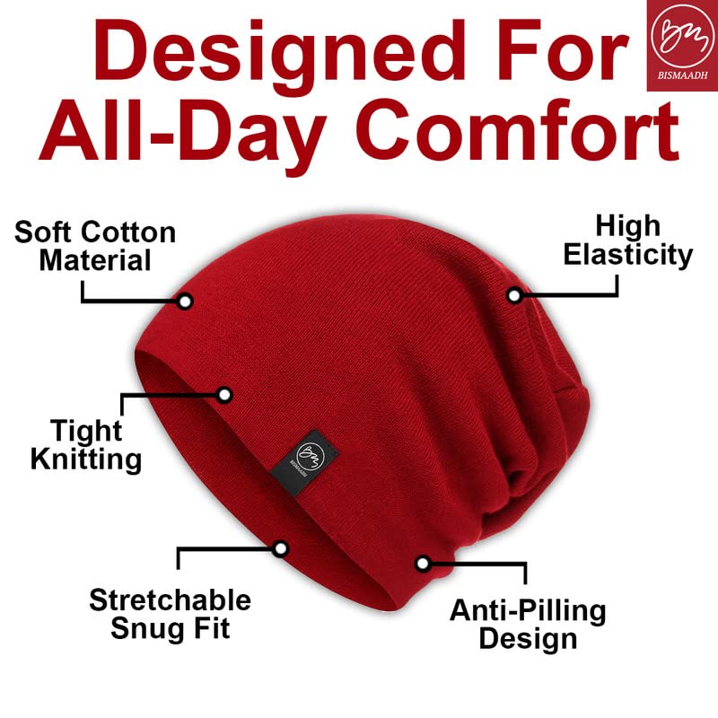 BISMAADH Unisex Soft Cotton Fashion Slouchy Beanie Headwear Skull Hair Cover Sleep Cap Hat for Frizzy Natural Curly Hair - color: Maroon
