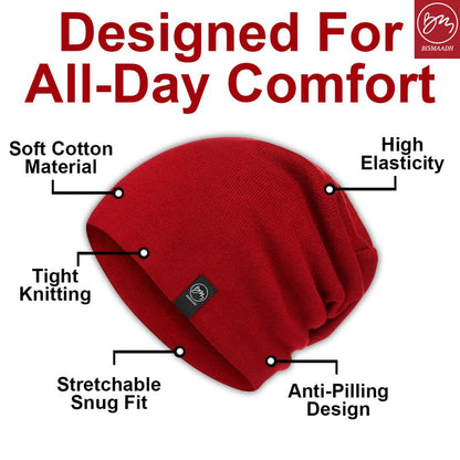 BISMAADH Unisex Soft Cotton Fashion Slouchy Beanie Headwear Skull Hair Cover Sleep Cap Hat for Frizzy Natural Curly Hair - color: Maroon