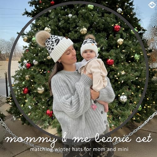 Funky Junque Mommy & Me Pom Pom Beanies Set – Infant Baby & Mom Matching Winter Outfits, Warm Newborn & Women's Beanie Hats - color: Leopard - Ivory