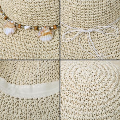 Womens Foldable Straw Sun Hat Summer Wide Brim Crochet Bucket Hats UPF 50+ Travel Beach Fedora Fisherman Cap Sombrero Hat - color: Beige